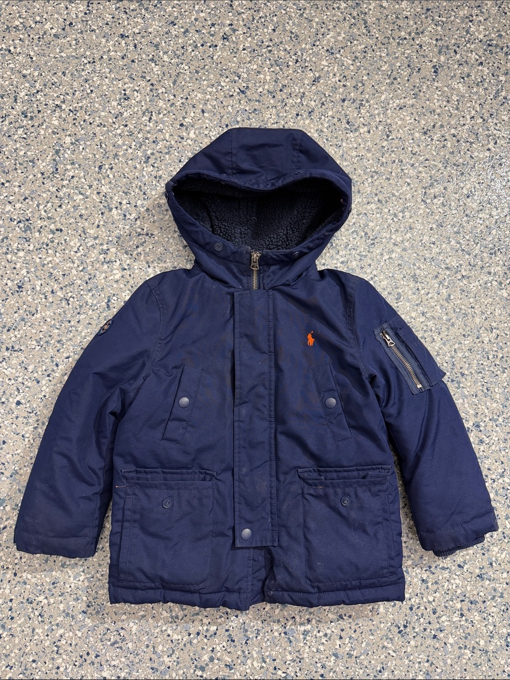 Ralph Lauren Navy Hooded Puffer Coat with Orange Polo Logo